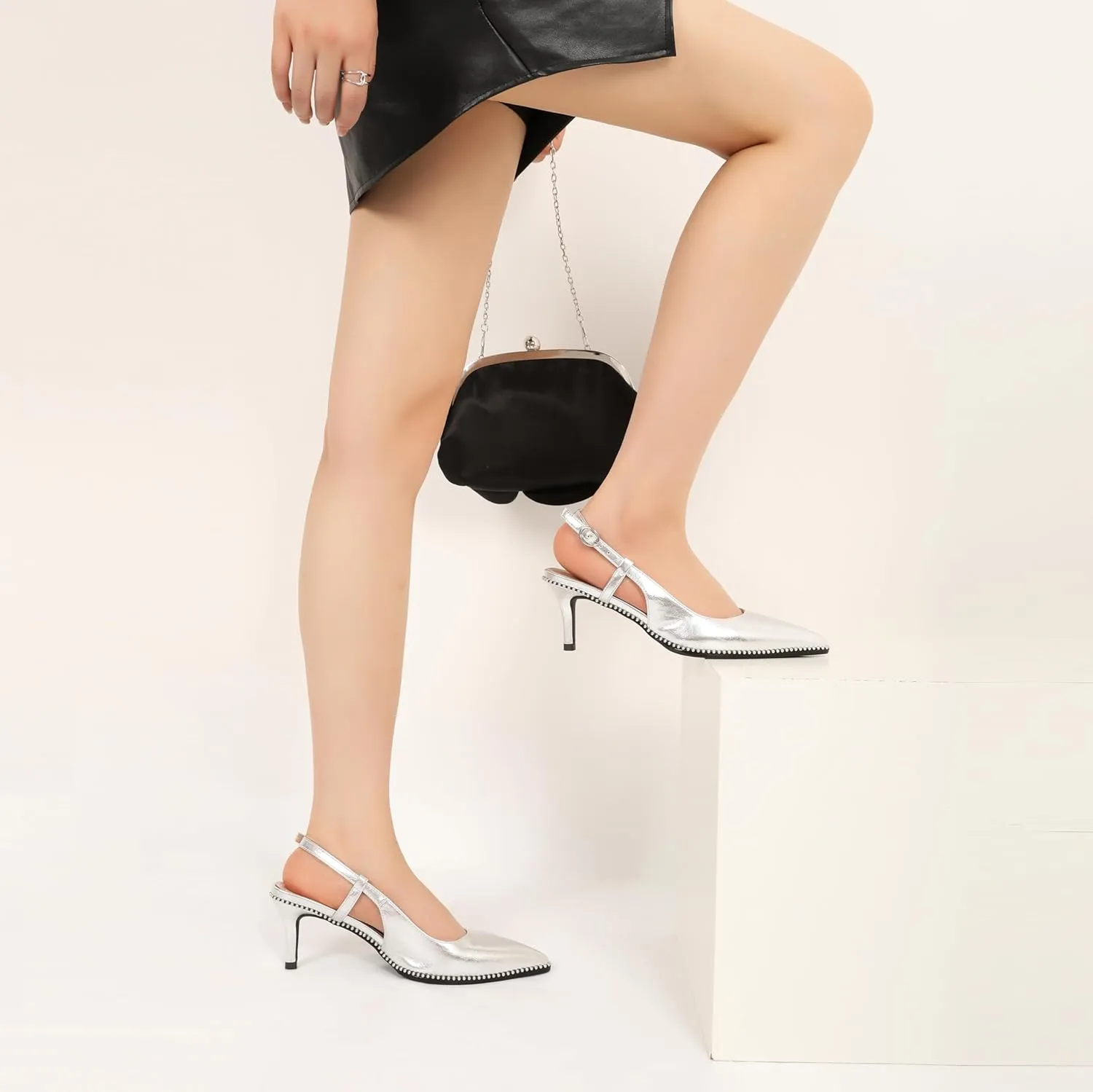 AUMOTED Women Low Heel Pumps Slingback Heels Pointed Toe Beaded Heels 2.5" Elegant Dressy Pumps