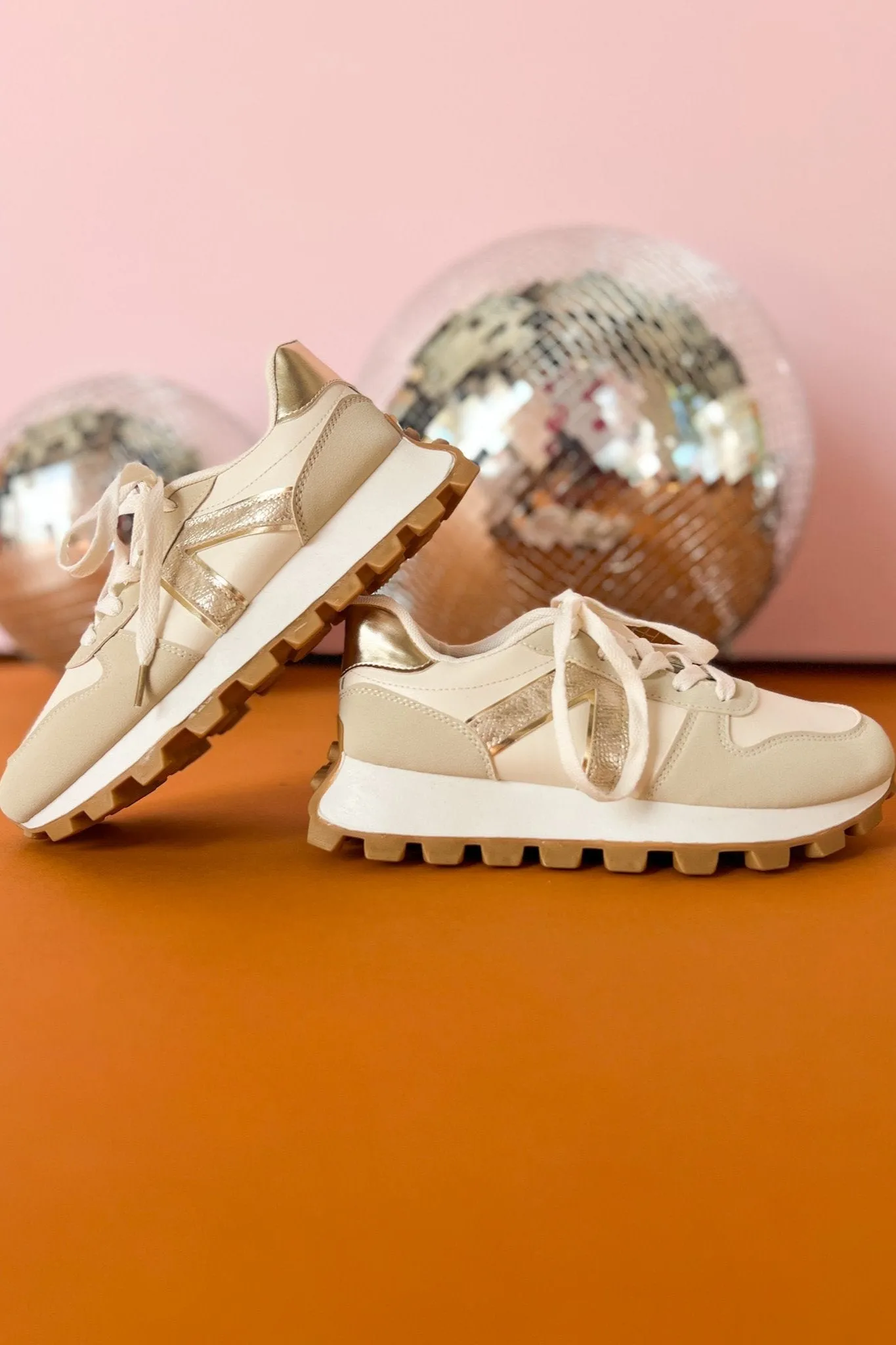 Beige Two Toned Metallic Detail Sneakers