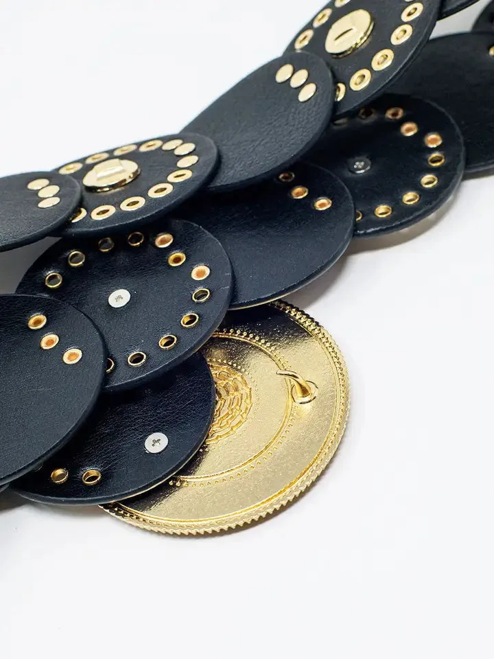 Black Leather Belt with Black Rhinestone Round Buckle and Go