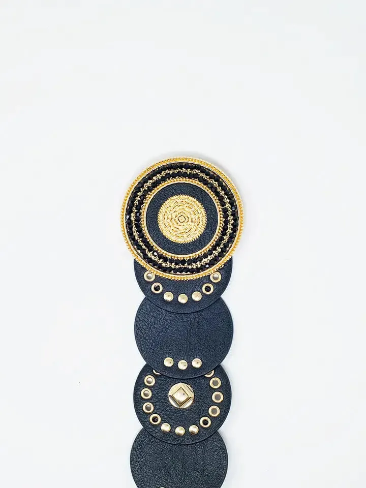 Black Leather Belt with Black Rhinestone Round Buckle and Go