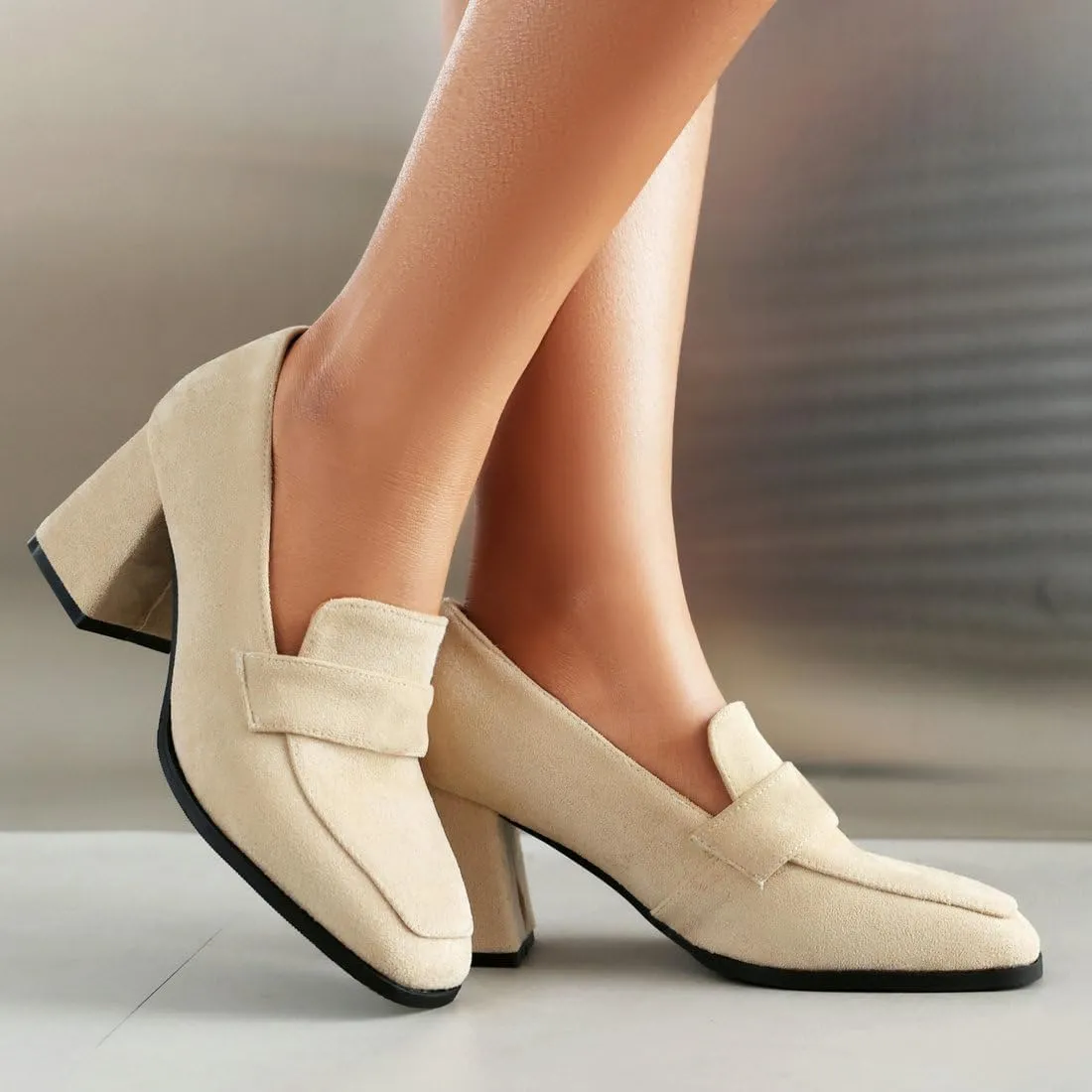 DINTAHA Suede Chunky Heeled Loafers Square Toe Dress Pumps Slip On Business Casual Shoes