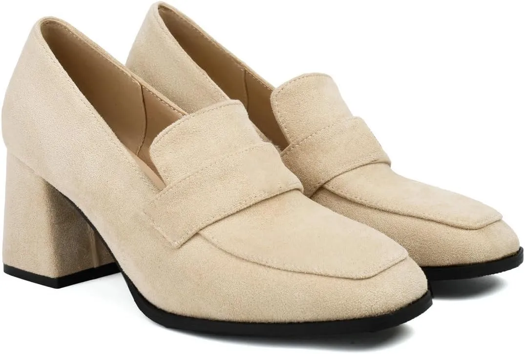 DINTAHA Suede Chunky Heeled Loafers Square Toe Dress Pumps Slip On Business Casual Shoes