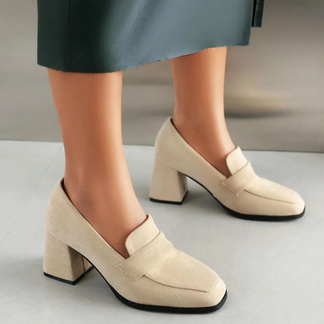 DINTAHA Suede Chunky Heeled Loafers Square Toe Dress Pumps Slip On Business Casual Shoes