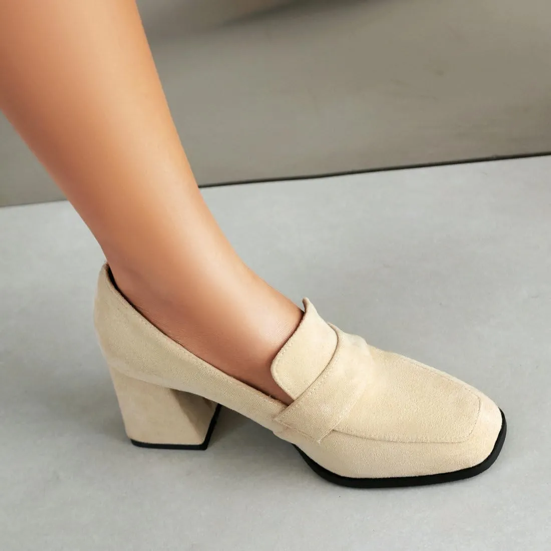 DINTAHA Suede Chunky Heeled Loafers Square Toe Dress Pumps Slip On Business Casual Shoes