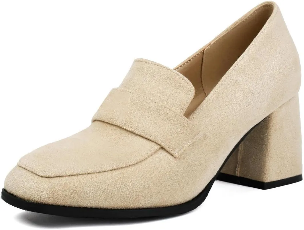 DINTAHA Suede Chunky Heeled Loafers Square Toe Dress Pumps Slip On Business Casual Shoes
