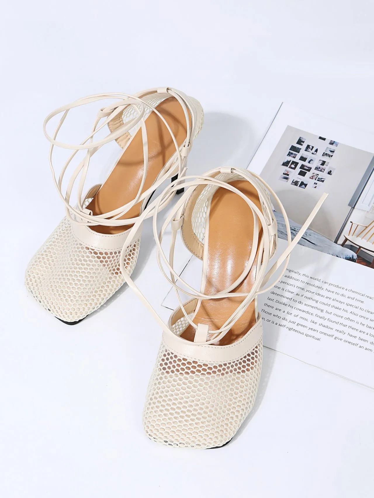elveswallet Mesh Square Toe Cross Strap Stiletto Heels