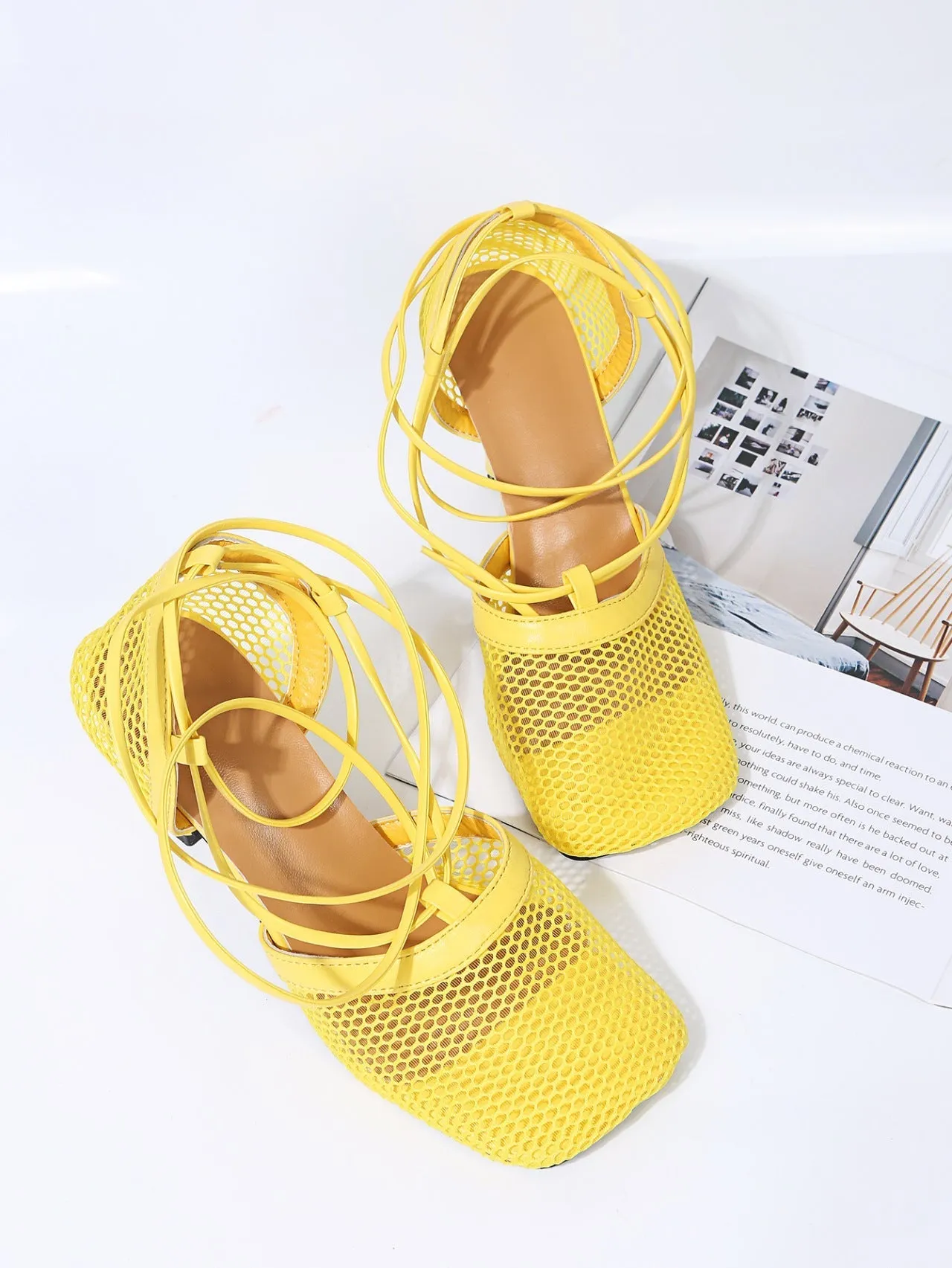 elveswallet Mesh Square Toe Cross Strap Stiletto Heels