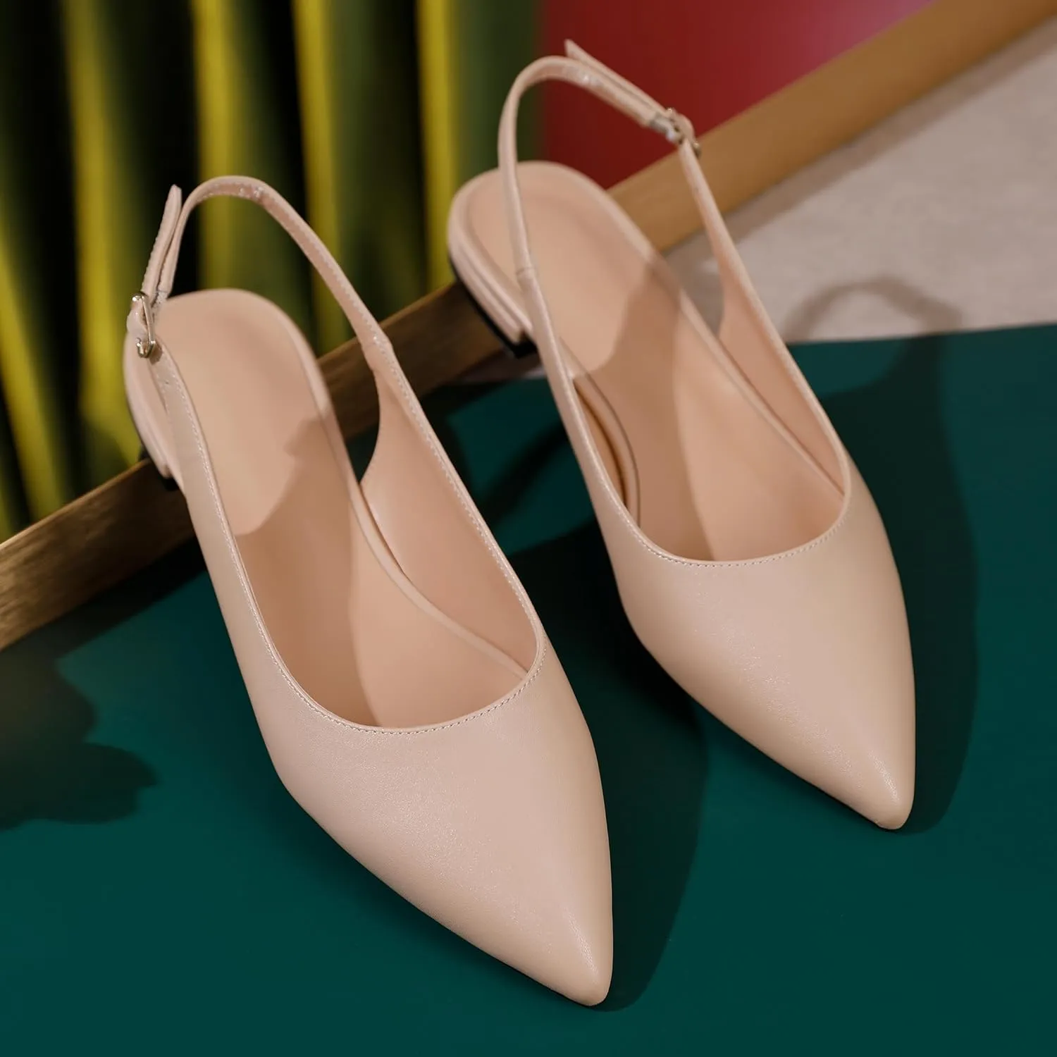 Esvowido Women's Flats Shoes Slingback with Buckle Pointed Toe Ankle Straps Low Heels Elegant Comfort Sexy Fashion Sandals