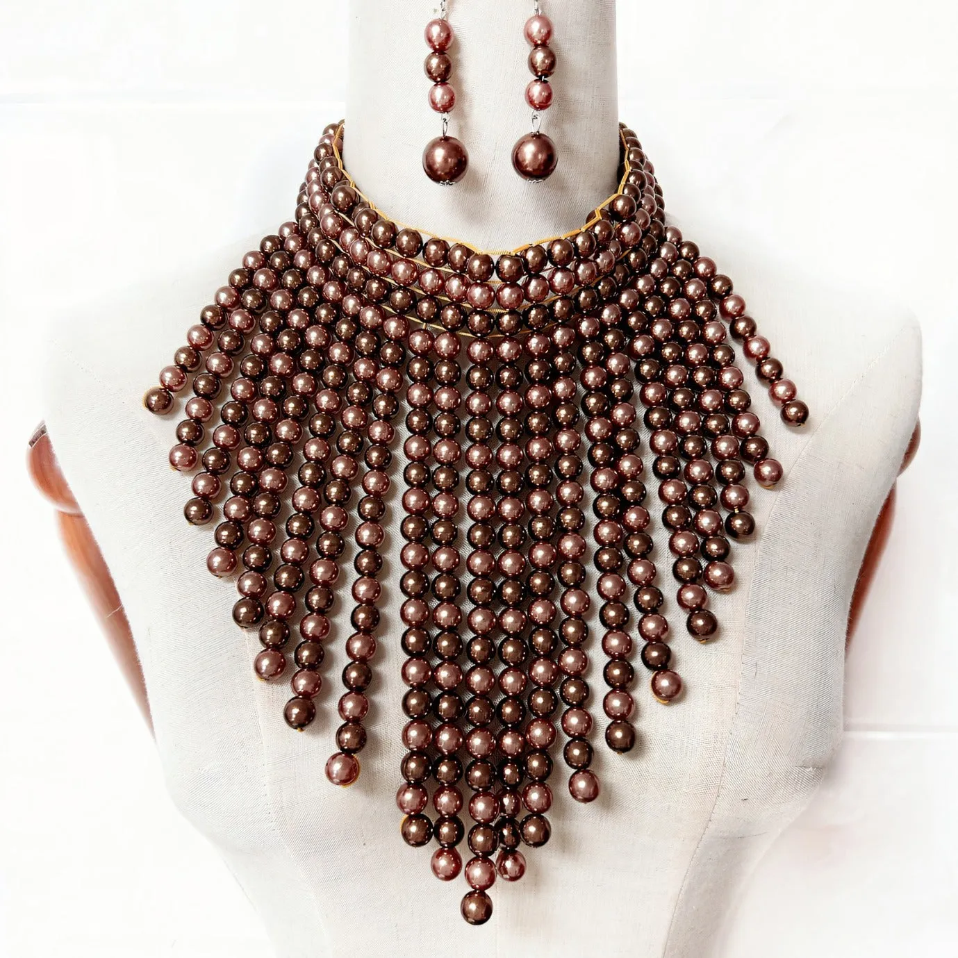 Exaggerated Triangular Scarf Necklace with Multi-layer Tassels and Imitation Pearl Accents