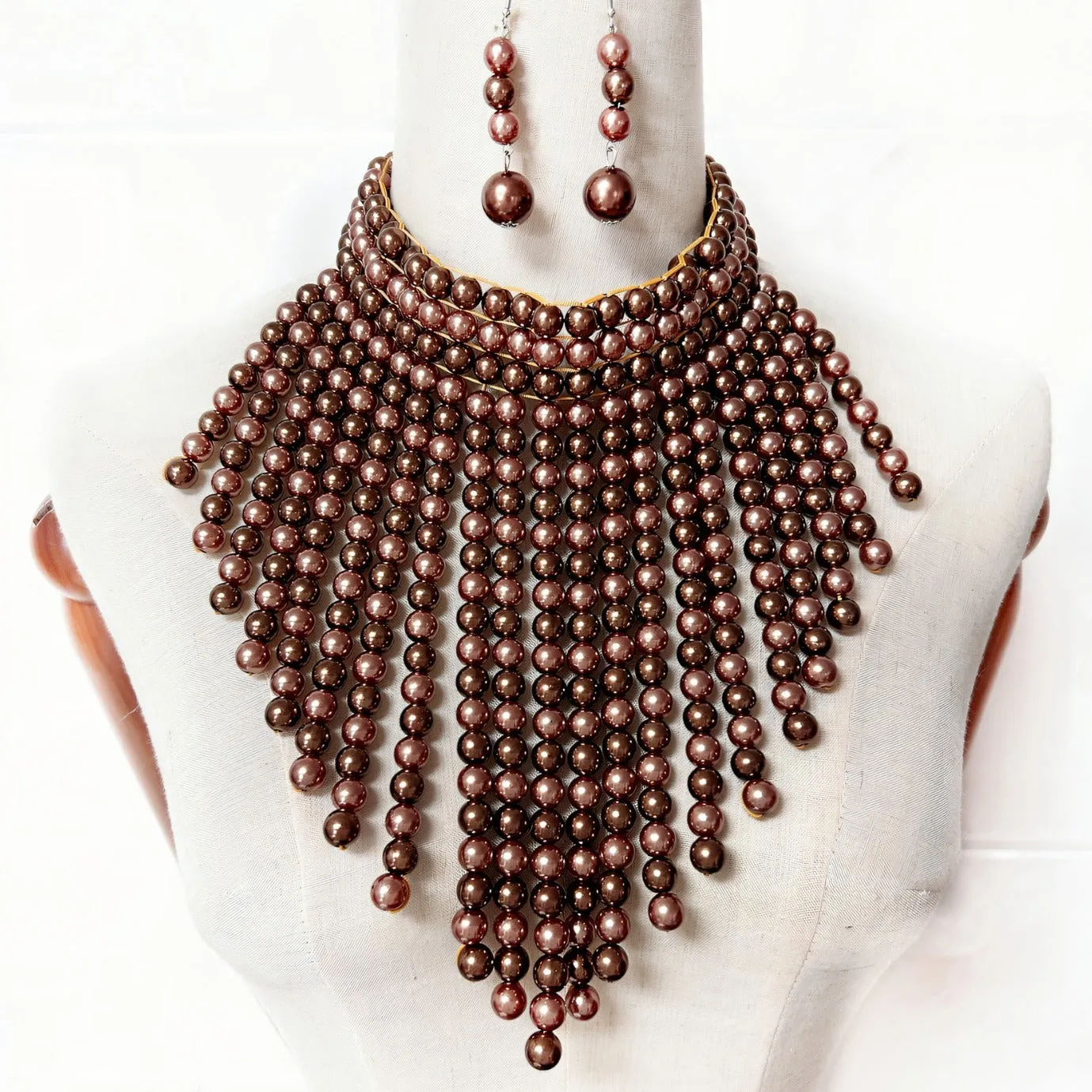 Exaggerated Triangular Scarf Necklace with Multi-layer Tassels and Imitation Pearl Accents
