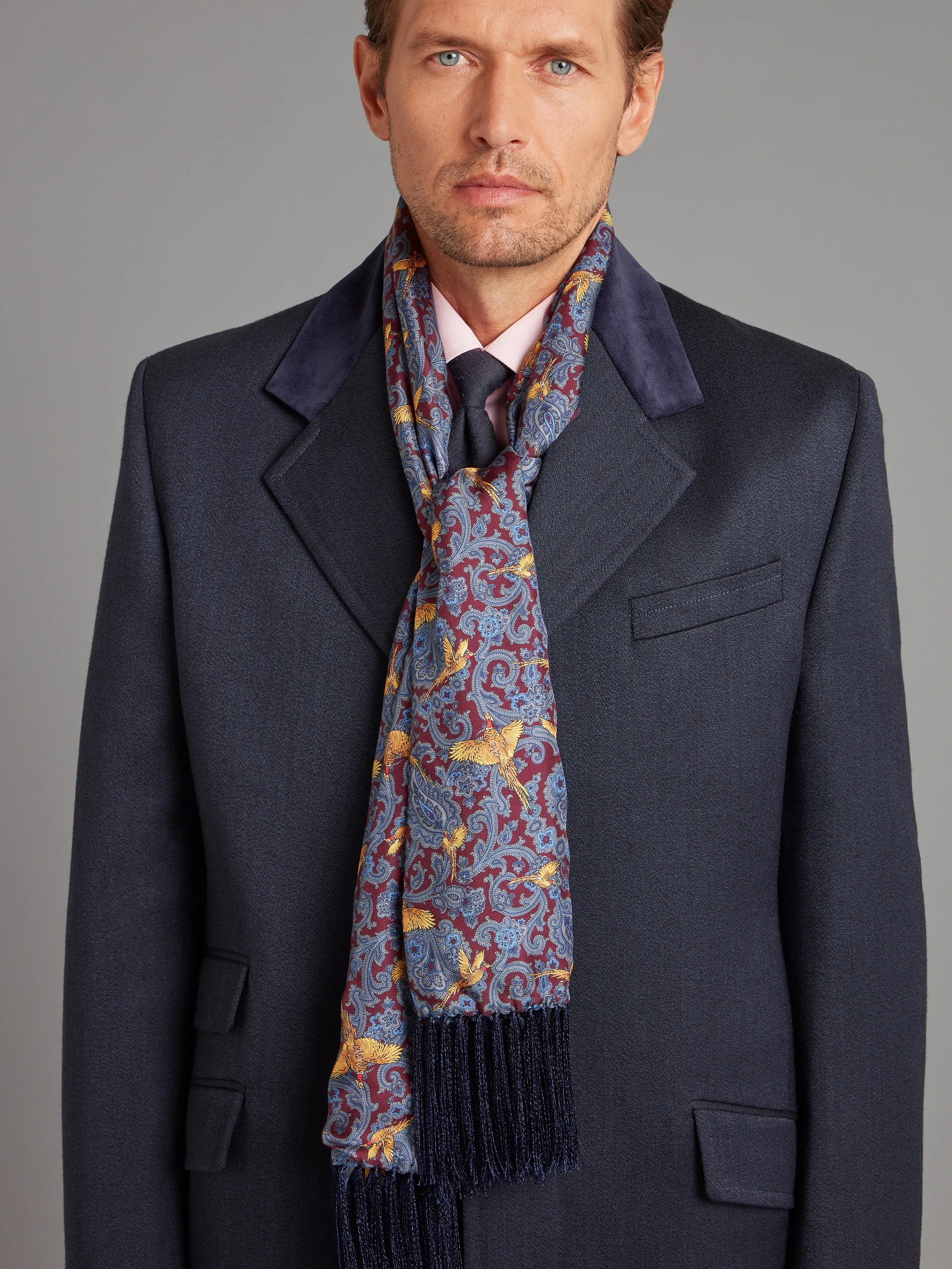 Flying Pheasant Scarf - Wool / Silk Blend - Burgundy