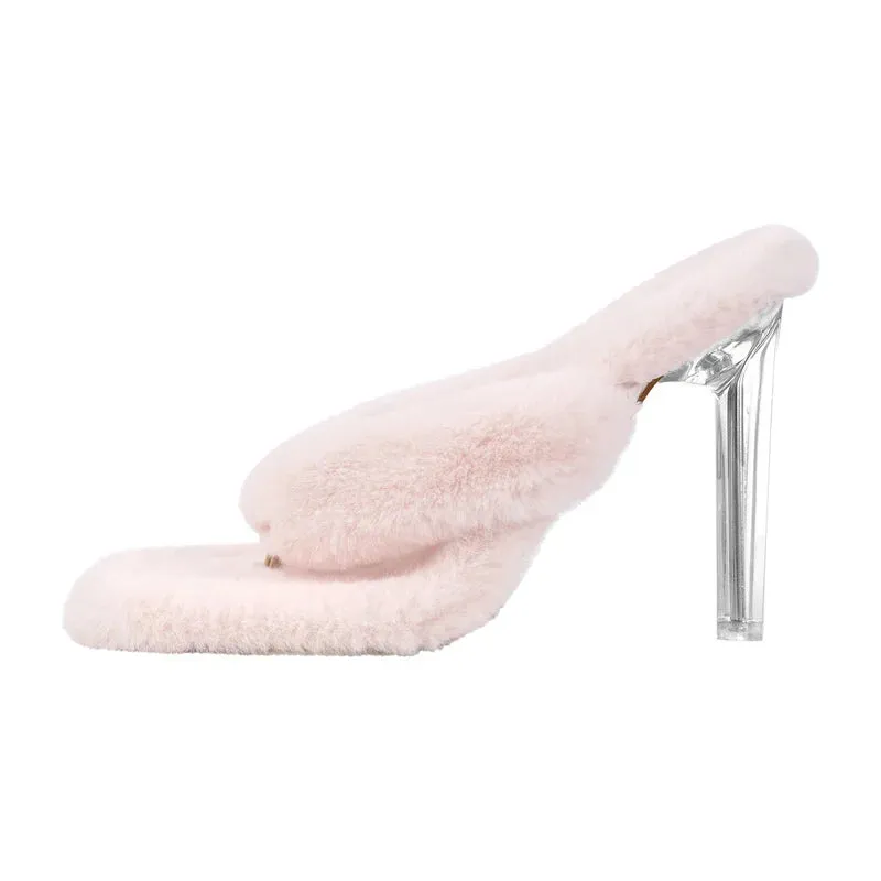 Fur Open Side Classic Metal High Heels  Slip-On Sandals
