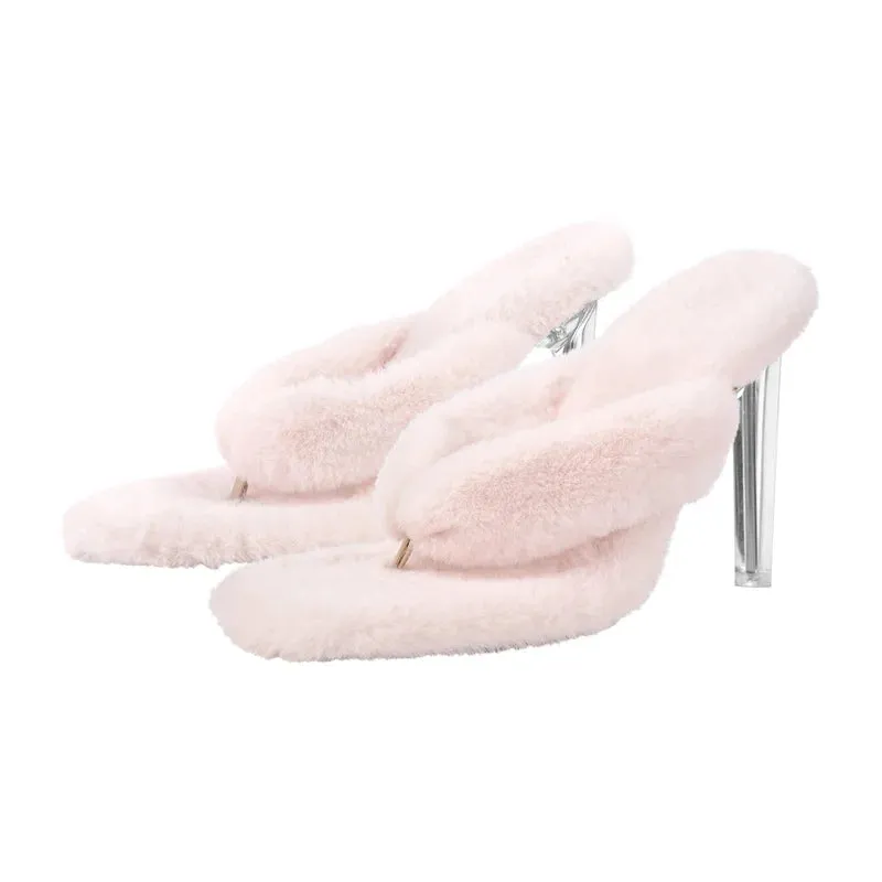 Fur Open Side Classic Metal High Heels  Slip-On Sandals