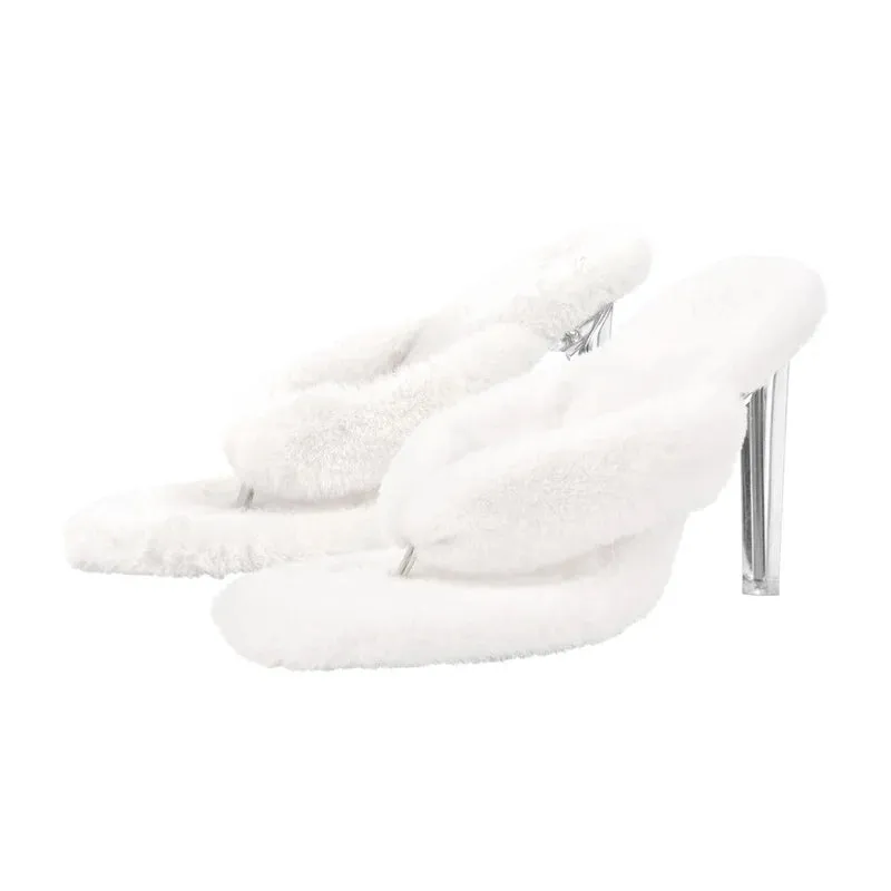 Fur Open Side Classic Metal High Heels  Slip-On Sandals