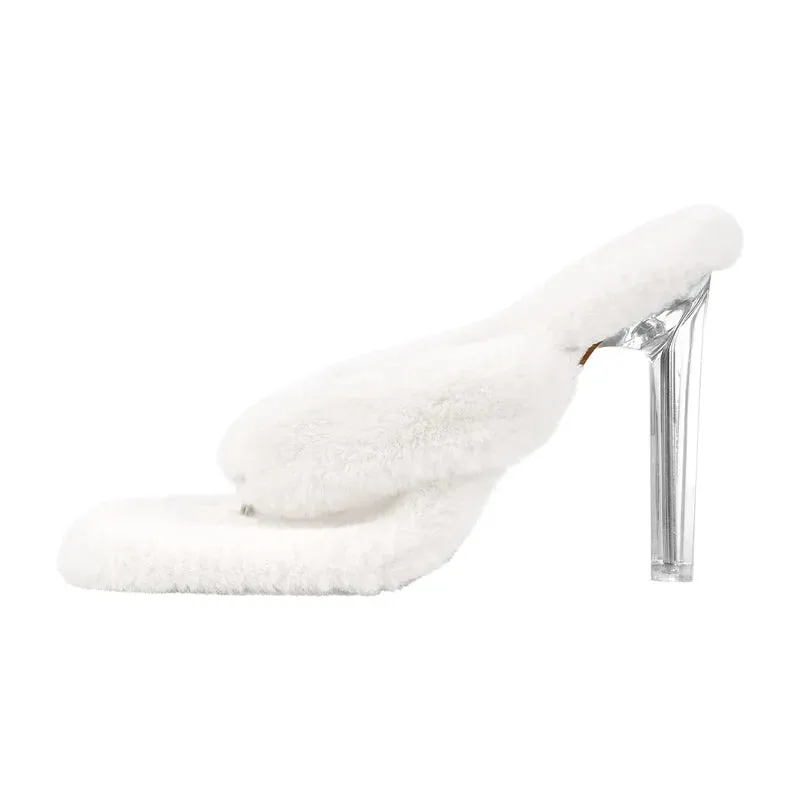 Fur Open Side Classic Metal High Heels  Slip-On Sandals