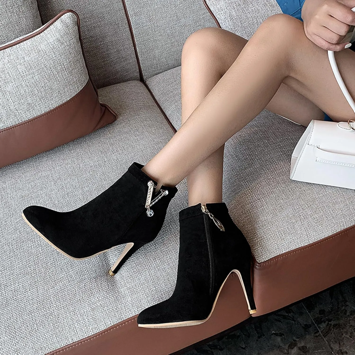 Gicoiz Women Pointed Toe Stiletto Heels Elegant Ankle Boots
