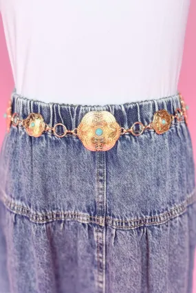 Gold Concho Chain Turquoise Detail Western Belt