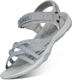 GRITION Women Hiking Sandals Outdoor Girl Sport Summer Flat Beach Water Shoes Open Toe Adjustable Walking Sandles (7.5 US, Light Blue)