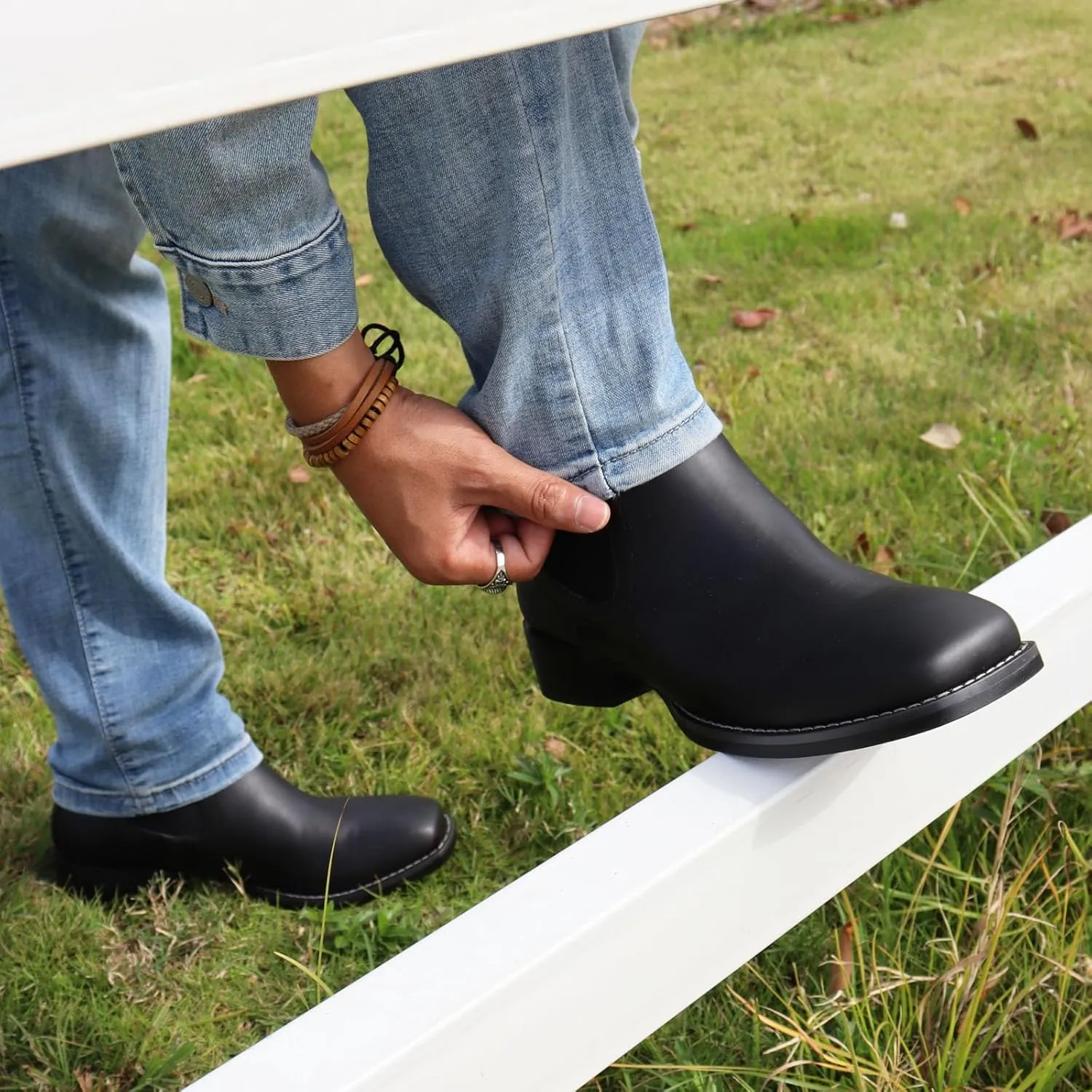 J's.o.l.e Ankle Cowboy Boots for Men Square Toe Stylish Chelsea Dress Boots