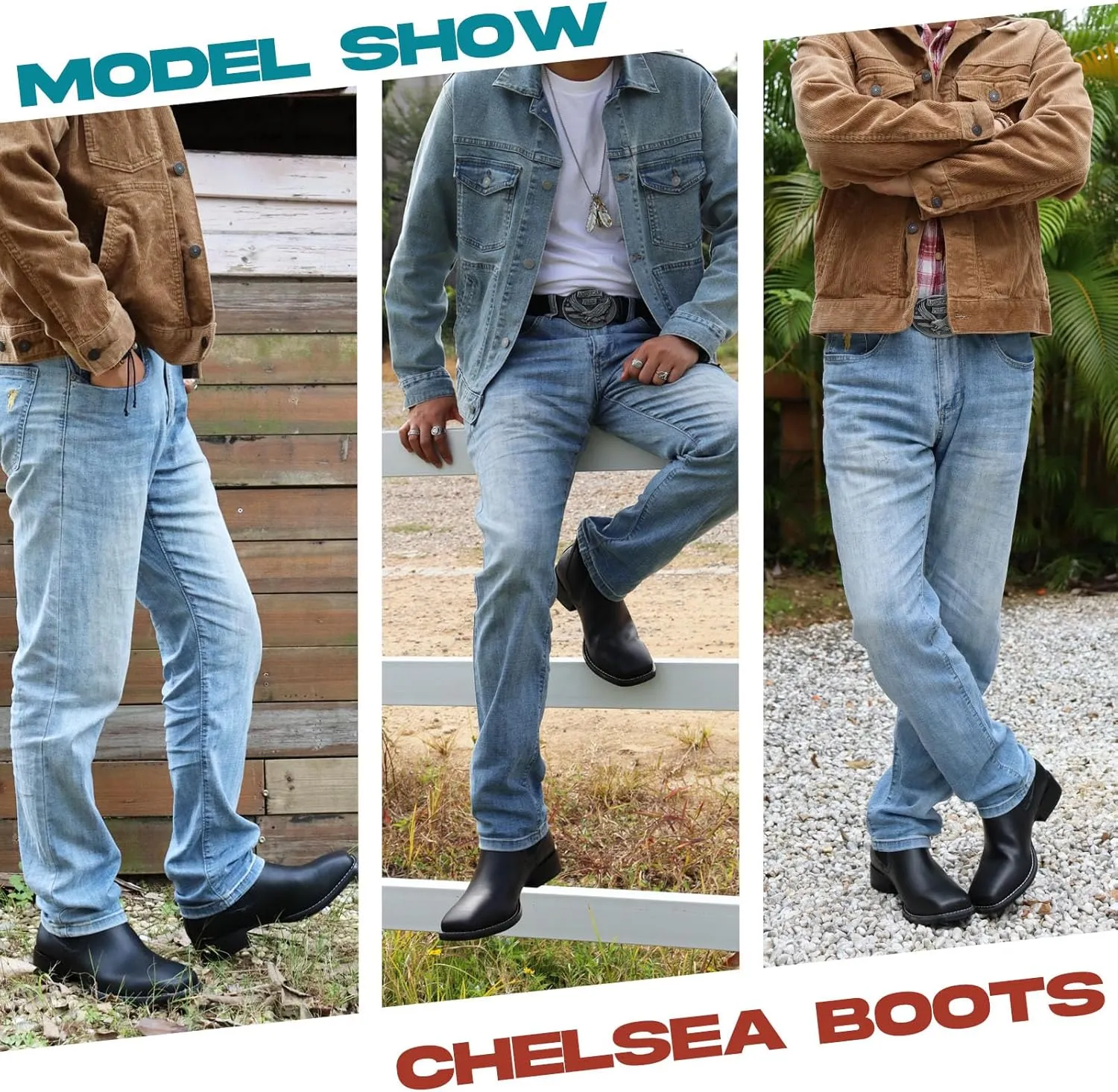 J's.o.l.e Ankle Cowboy Boots for Men Square Toe Stylish Chelsea Dress Boots