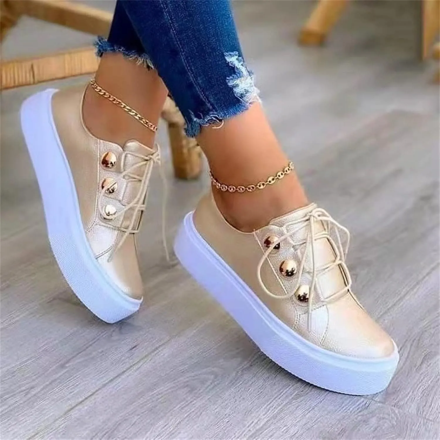 Lausiuoe Shoes For Women Dressy Casual Platform Leather Sneakers Slip On Loafers Fashion Comfortable Flat Walking Shoes