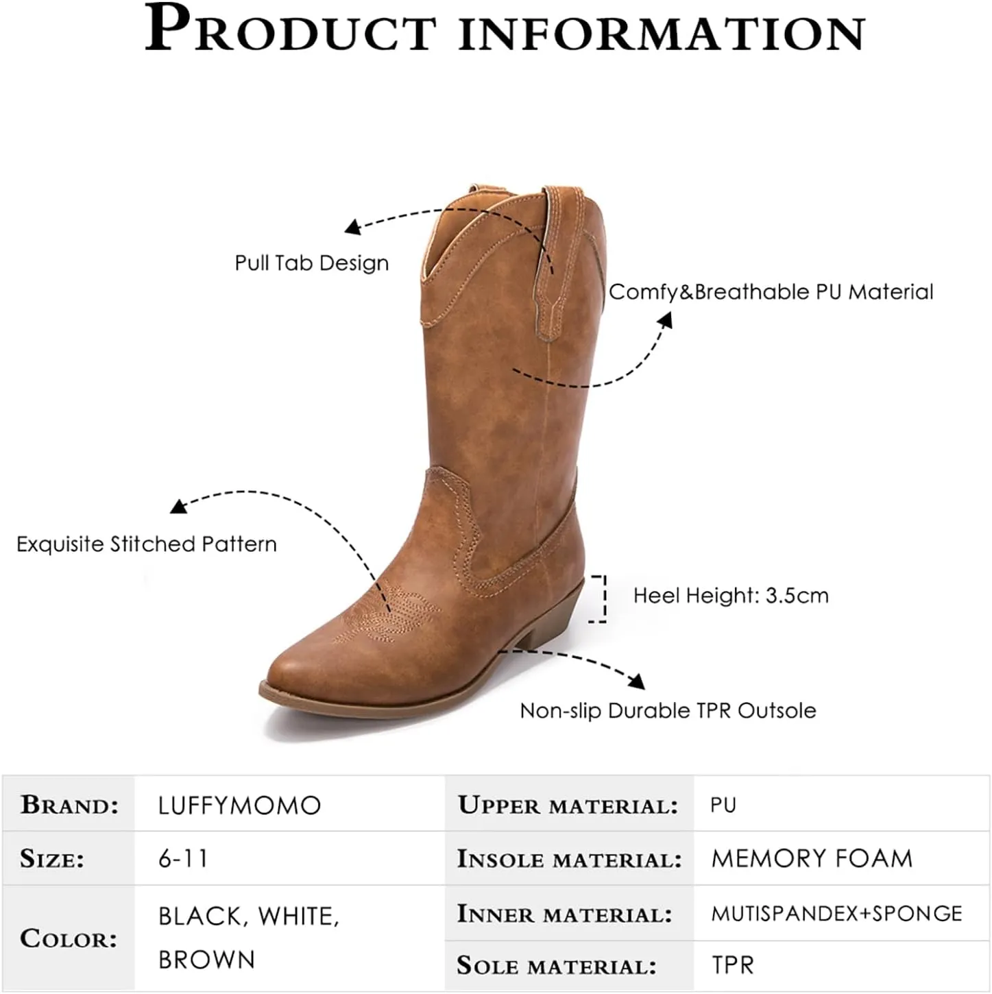 Luffymomo Women's Western Mid-Calf Cowboy Boots Point Toe Classic Cowgirl Boot