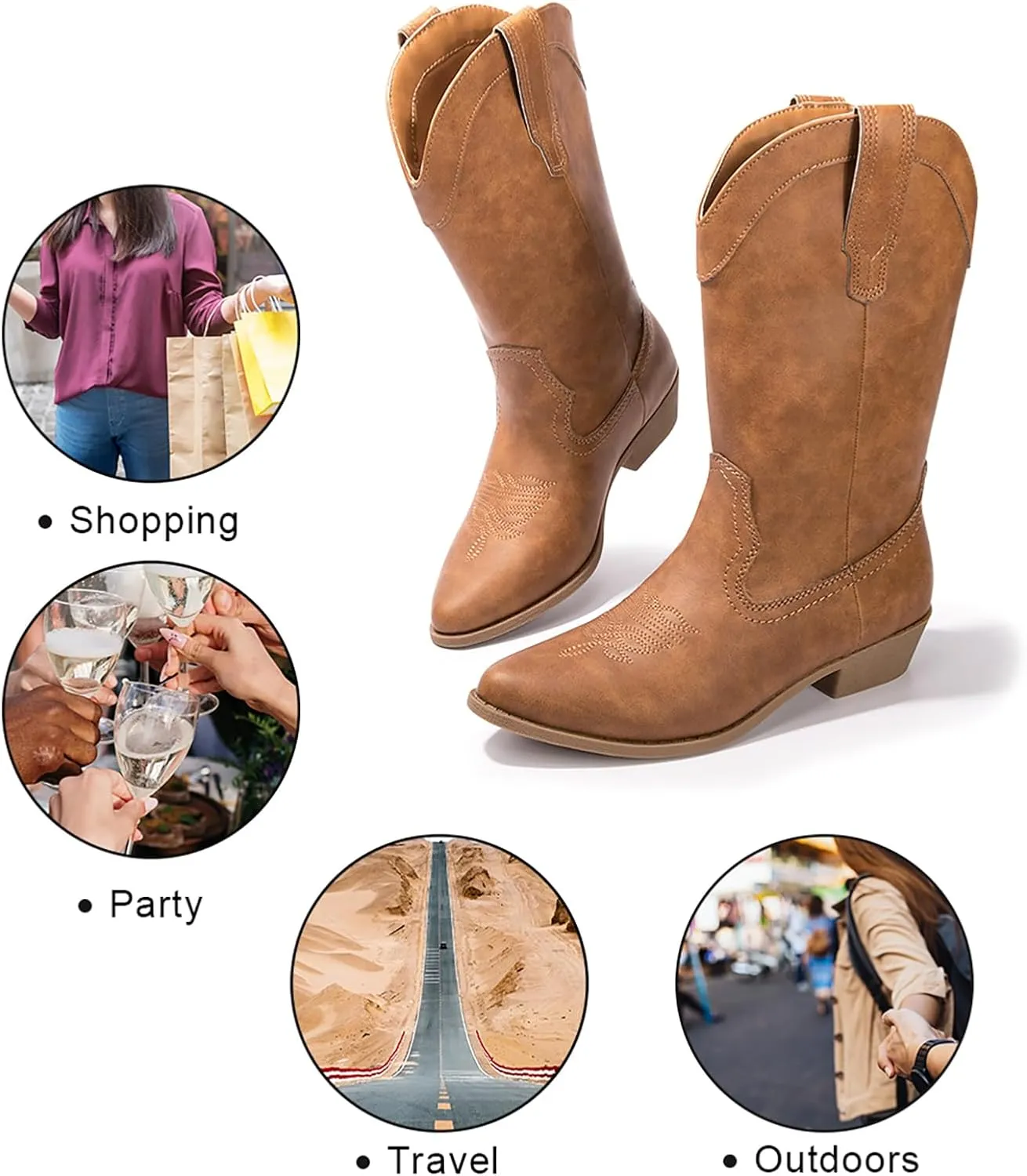Luffymomo Women's Western Mid-Calf Cowboy Boots Point Toe Classic Cowgirl Boot