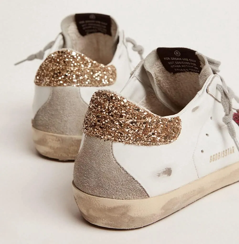nesho White Leather Sneakers for Women Trendy Sequins Trainers Lace-up Low-top Sport Shoes