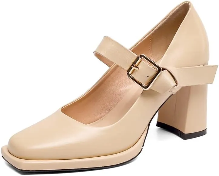 TinaCus Women's Square Toe Genuine Leather Handmade Buckle High Chunky Heels Trendy Pumps Shoes
