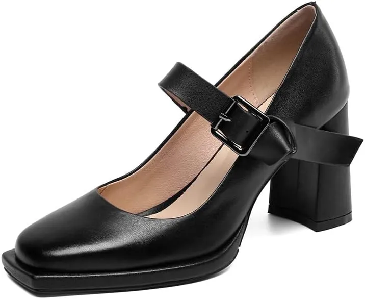 TinaCus Women's Square Toe Genuine Leather Handmade Buckle High Chunky Heels Trendy Pumps Shoes