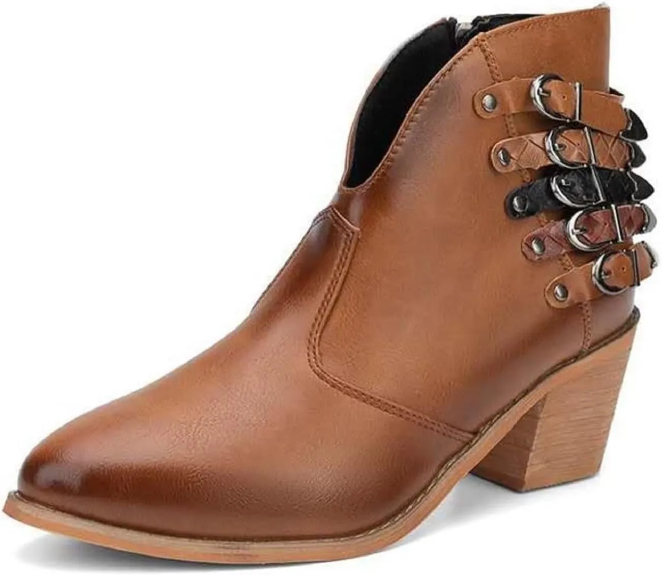 Tokouk Women's V Cut Out Stacked Heel Retro Ankle Boots With Belt Buckle,Side Zipper Block Low Heel Pointed Toe Chelsea Boot Winter Leather Short Boots