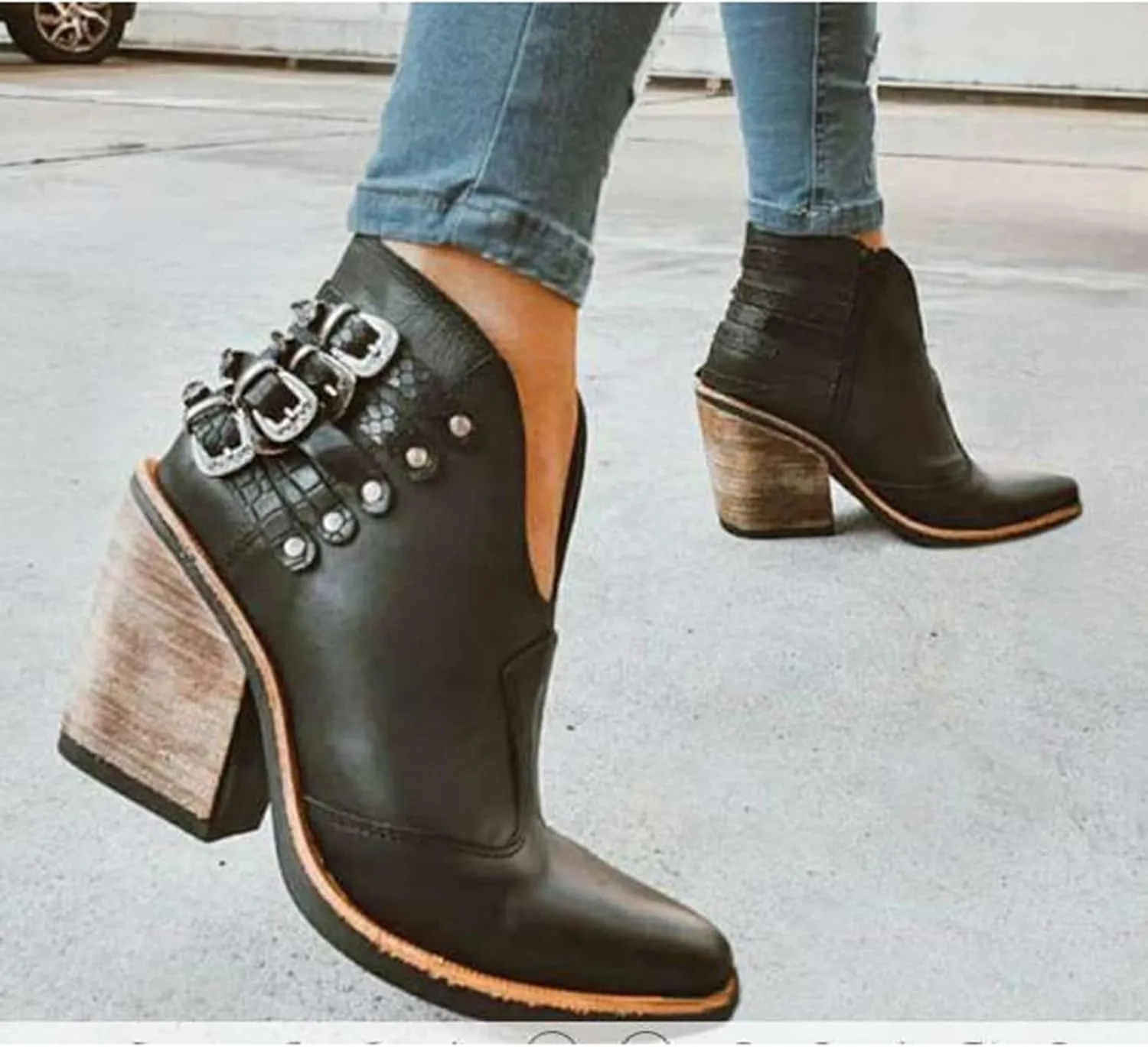 Tokouk Women's V Cut Out Stacked Heel Retro Ankle Boots With Belt Buckle,Side Zipper Block Low Heel Pointed Toe Chelsea Boot Winter Leather Short Boots