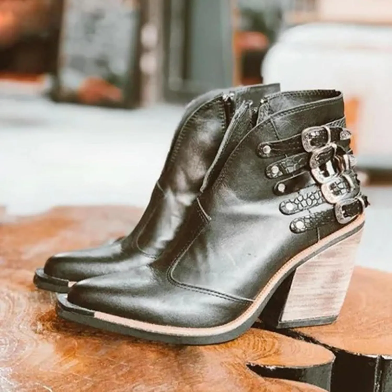 Tokouk Women's V Cut Out Stacked Heel Retro Ankle Boots With Belt Buckle,Side Zipper Block Low Heel Pointed Toe Chelsea Boot Winter Leather Short Boots