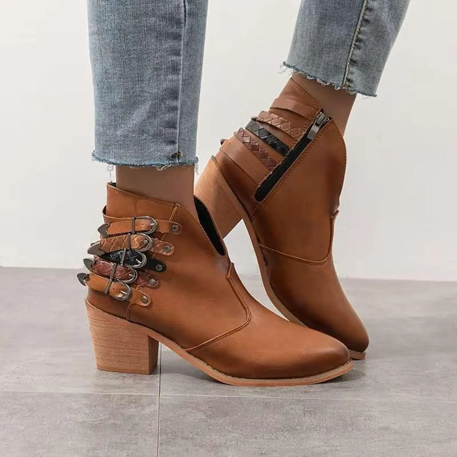 Tokouk Women's V Cut Out Stacked Heel Retro Ankle Boots With Belt Buckle,Side Zipper Block Low Heel Pointed Toe Chelsea Boot Winter Leather Short Boots