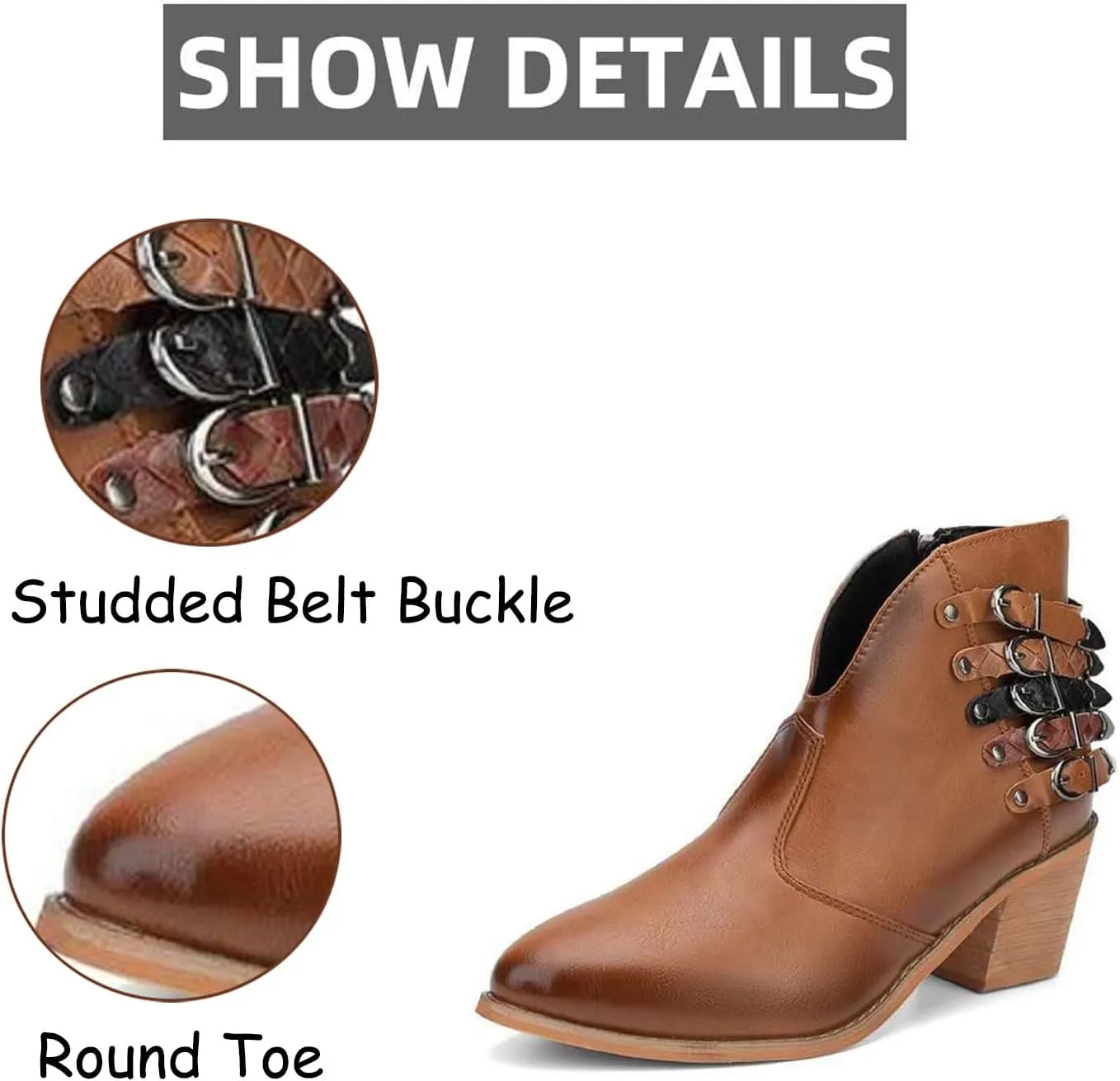 Tokouk Women's V Cut Out Stacked Heel Retro Ankle Boots With Belt Buckle,Side Zipper Block Low Heel Pointed Toe Chelsea Boot Winter Leather Short Boots