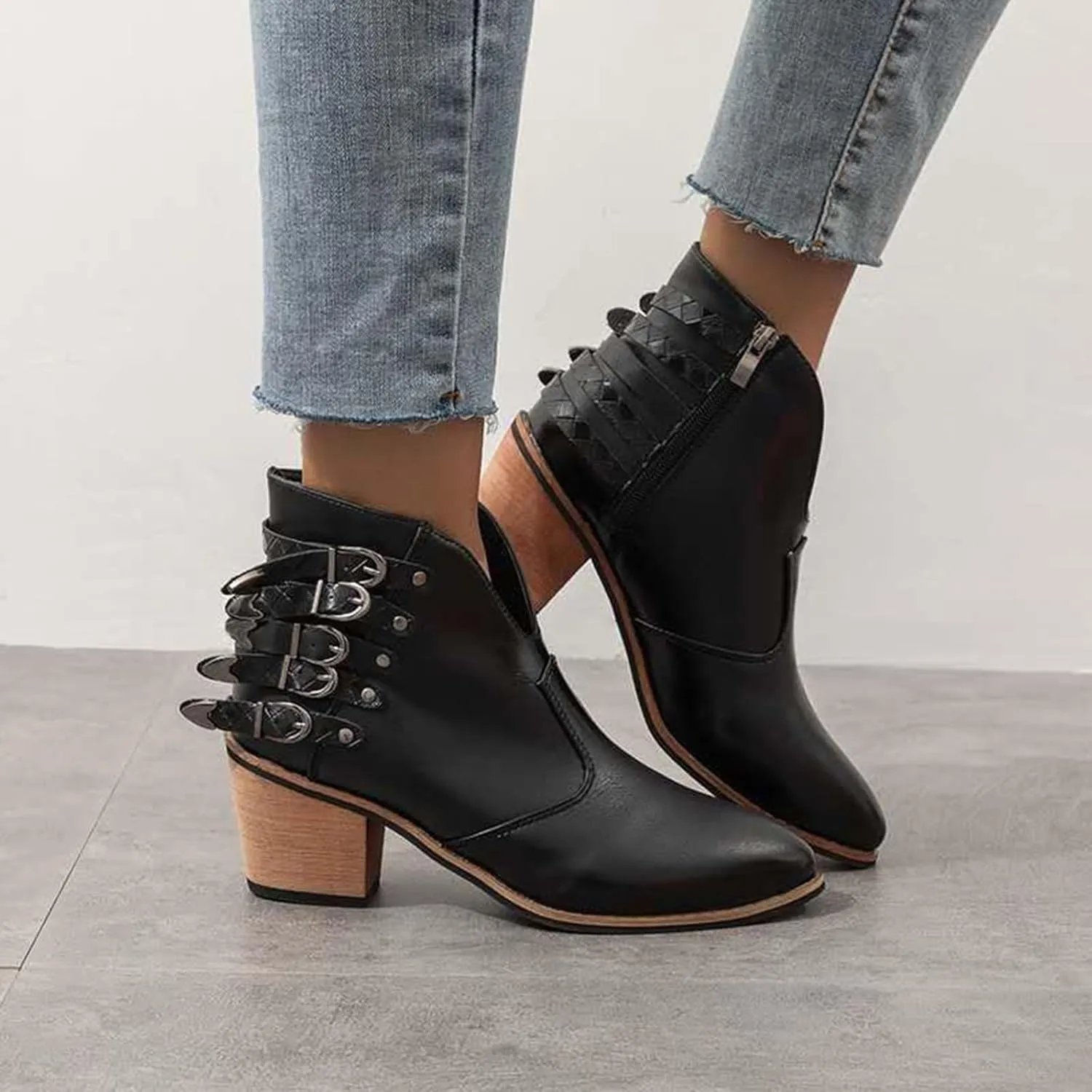 Tokouk Women's V Cut Out Stacked Heel Retro Ankle Boots With Belt Buckle,Side Zipper Block Low Heel Pointed Toe Chelsea Boot Winter Leather Short Boots