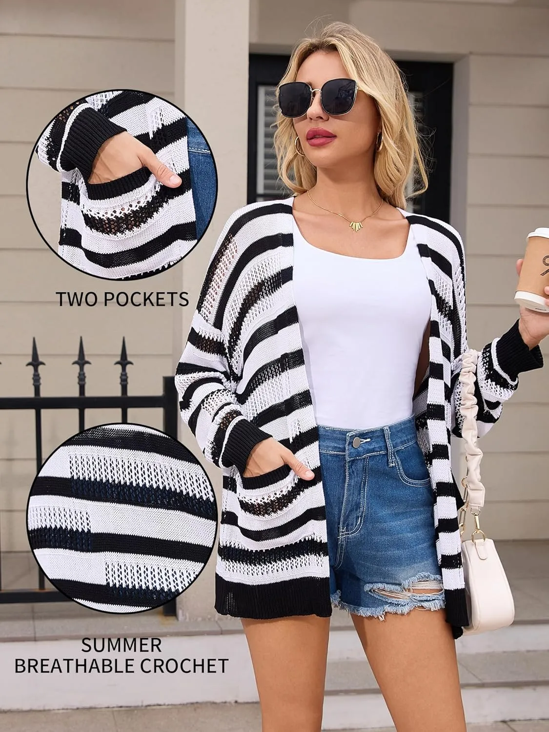 V FOR CITY Women's Cardigans Lightweight Summer Crochet Oversized Long Sleeved Open Front Knit Sweater Trendy
