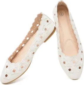 Women's Ballet Flats Shoes with Breathable Eyelet,Black and White Dress Shoes for Women,Soft Memoery Foam Flats for Women
