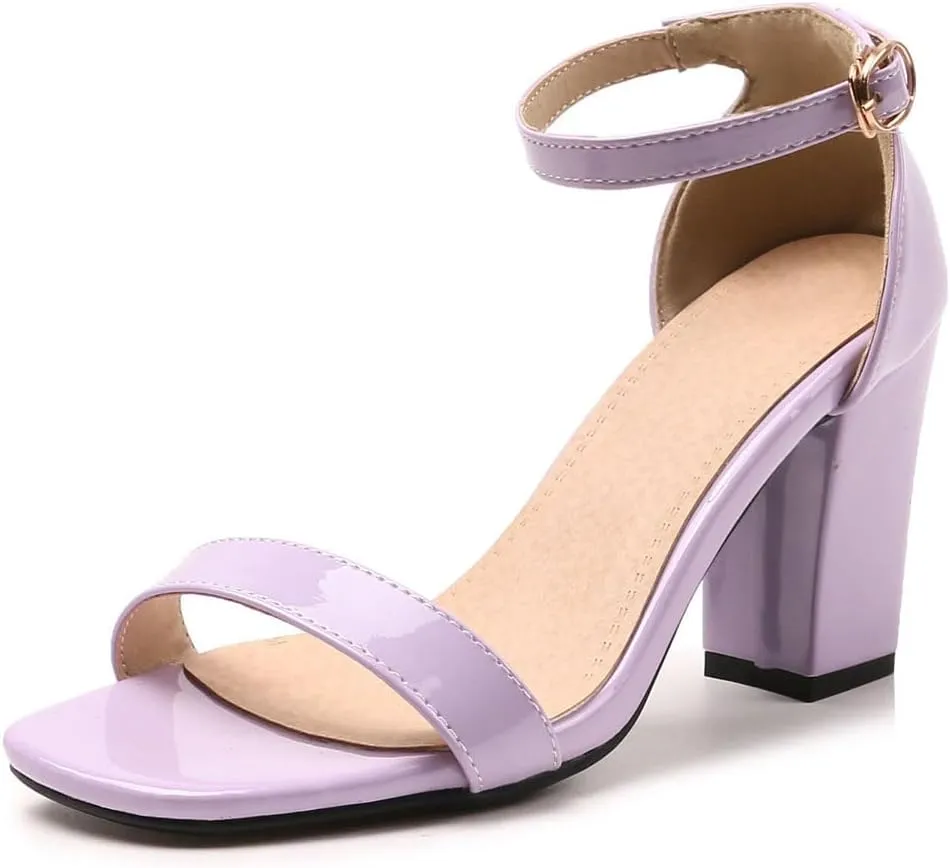 Women's JS45 Light Weight Peep Toe Block Patent-Leather Mid Block Heeled Sandals