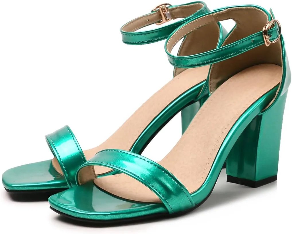Women's JS45 Light Weight Peep Toe Block Patent-Leather Mid Block Heeled Sandals