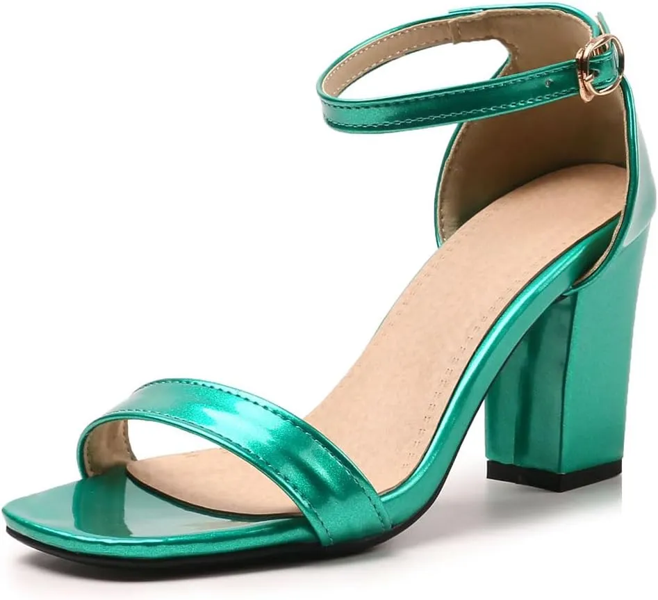 Women's JS45 Light Weight Peep Toe Block Patent-Leather Mid Block Heeled Sandals